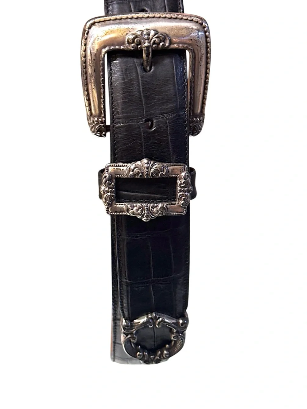 Brighton 1993 Black Croc Leather Western Silver Plated Hardware Belt #43003 Sz S